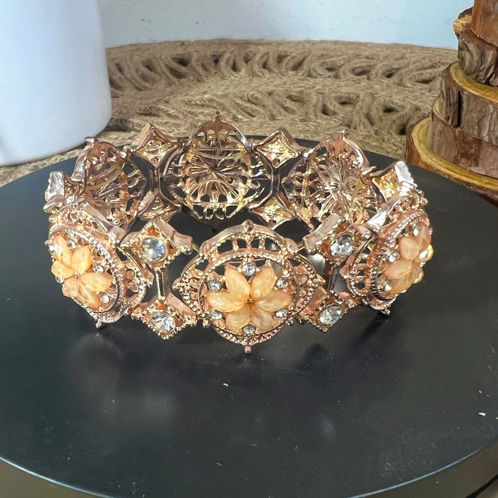 Rose Gold Floral Bangle Bracelet Peach Flowers CZ Rhinestones Coquette